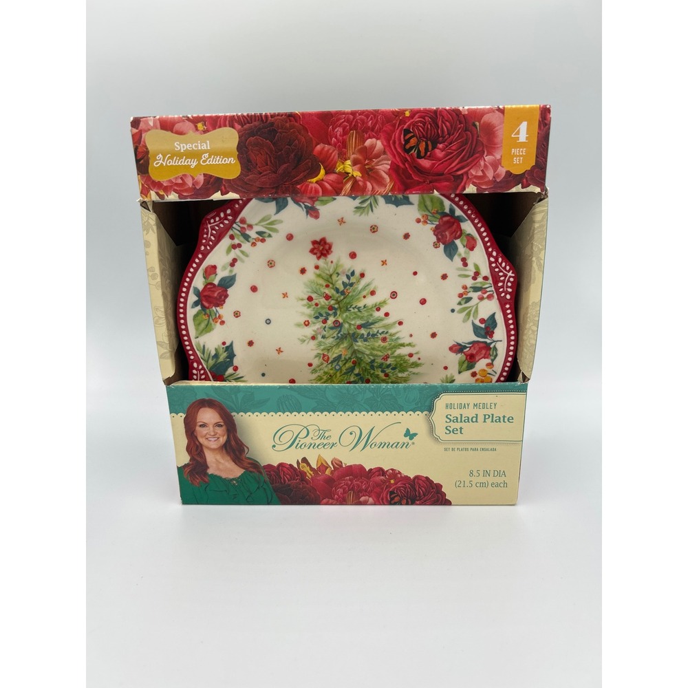 The Pioneer Woman Holiday Medley Salad Plate Set 4 Piece Christmas Tree 8.5 Inch